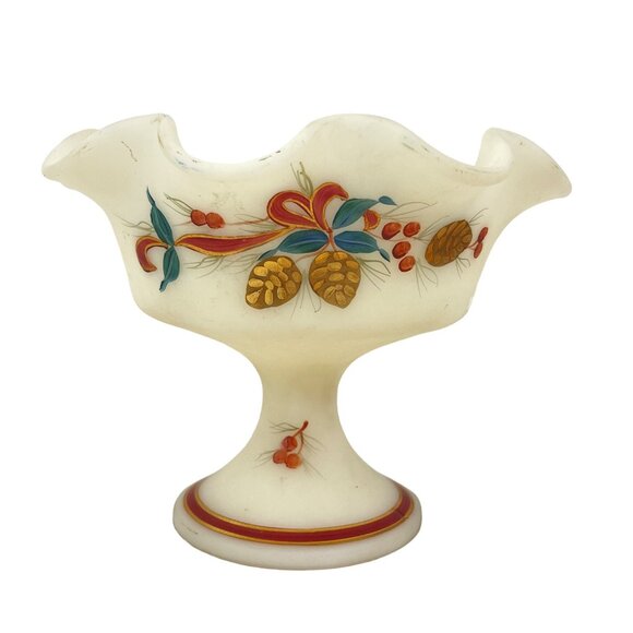 Vintage Hand-Painted Milk Glass Compote Bowl With Pinecone and Berry Design - Picture 5 of 8